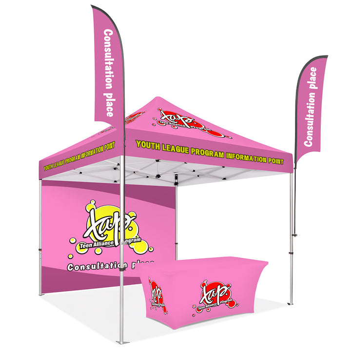 Custom Printed Canopy Tent with Back Wall, Feather Flags & Table Cover
