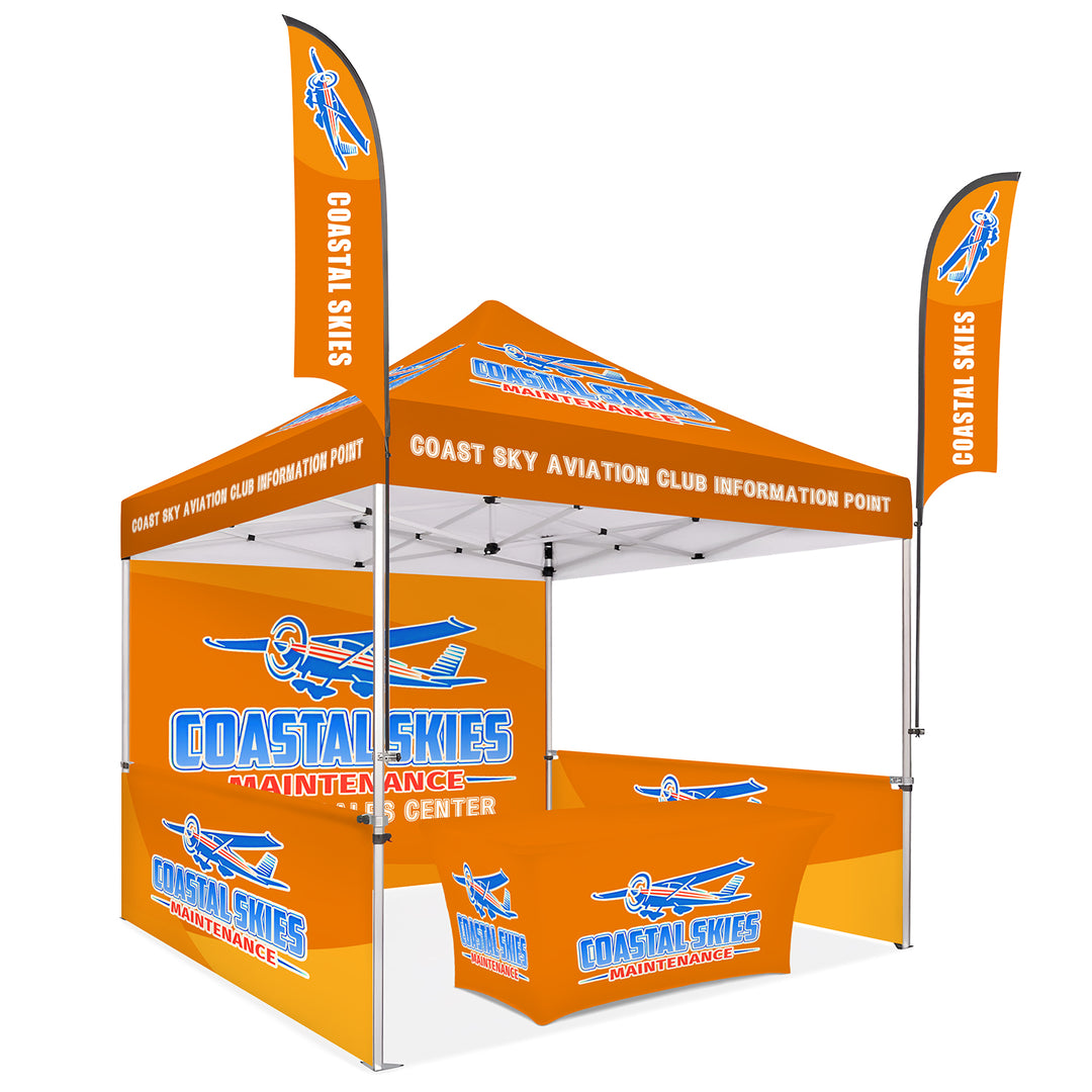 Custom Canopy Tent with Full Back, Half Side Walls, Feather Flags & Table Cover