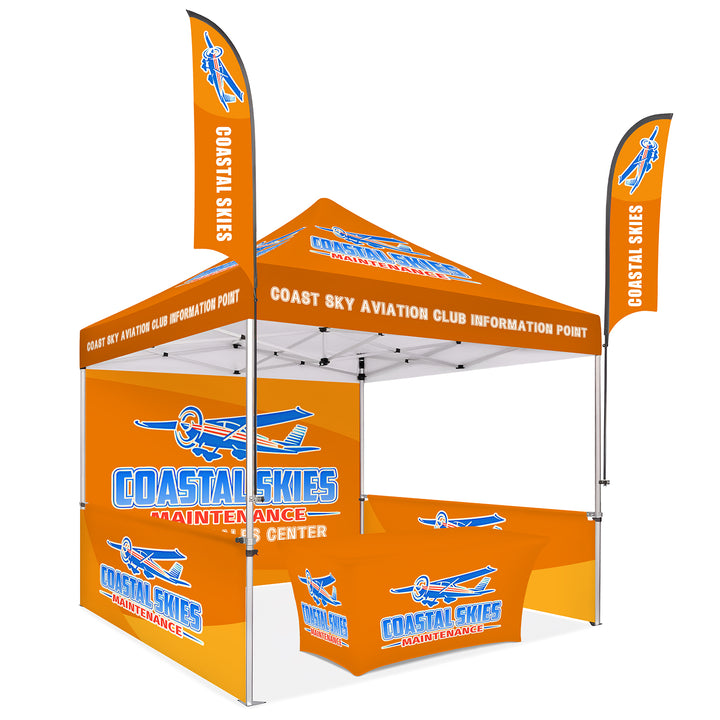 Custom Canopy Tent with Full Back, Half Side Walls, Feather Flags & Table Cover