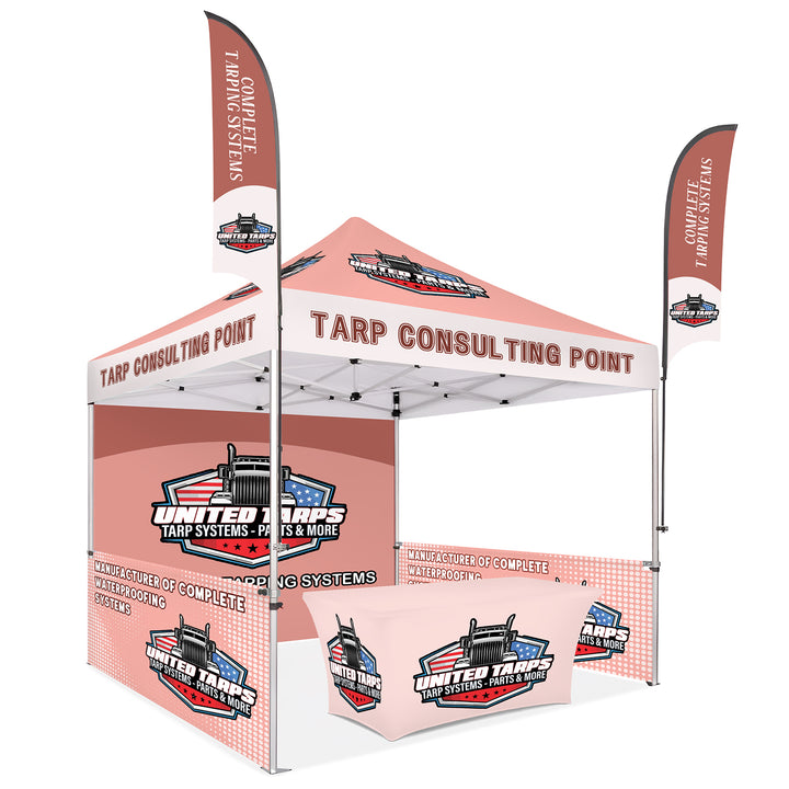 Custom Canopy Tent with Full Back, Half Side Walls, Feather Flags & Table Cover