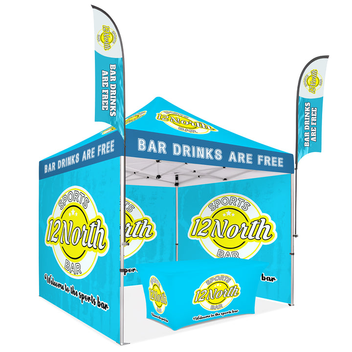Custom Canopy Tent with Three Back Walls, Feather Flags & Table Cover