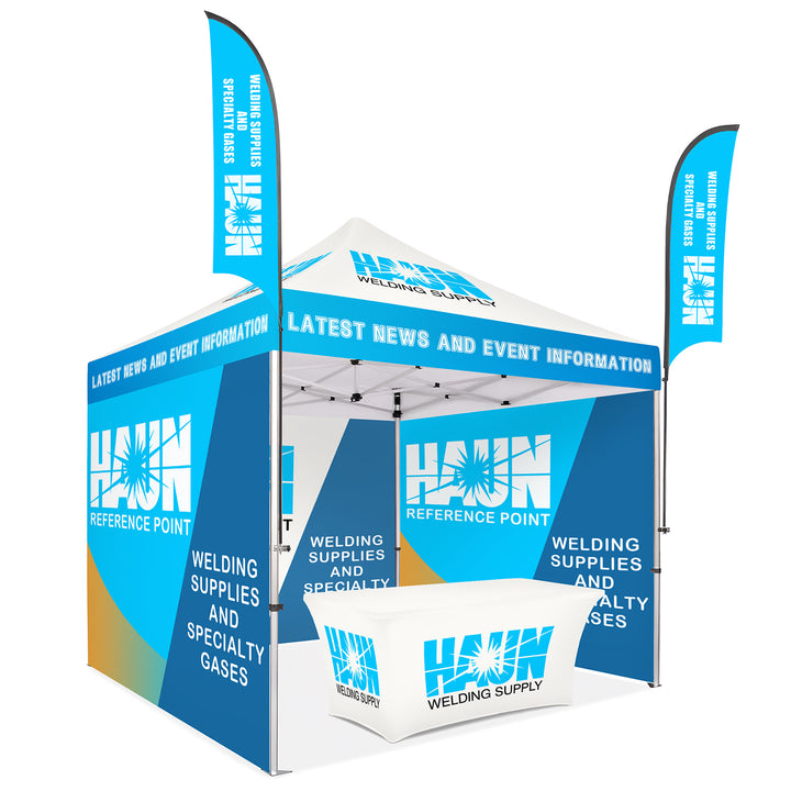 Custom Canopy Tent with Three Back Walls, Feather Flags & Table Cover