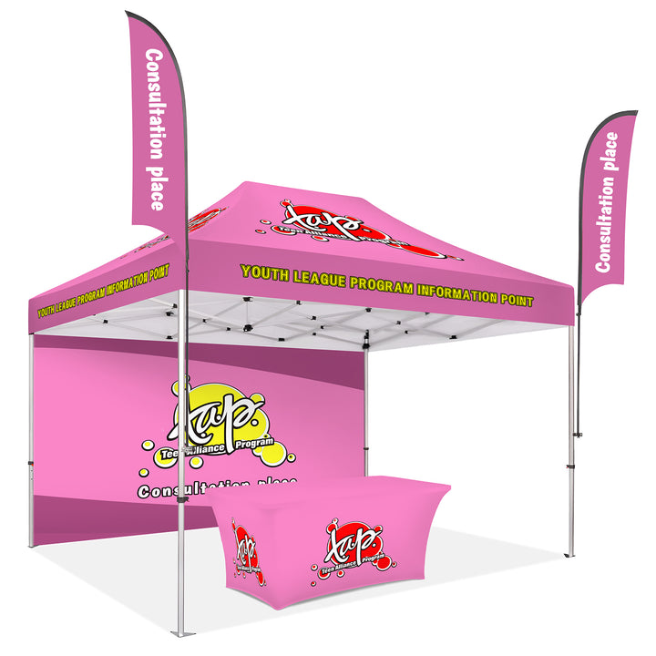 Custom Printed Canopy Tent with Back Wall, Feather Flags & Table Cover
