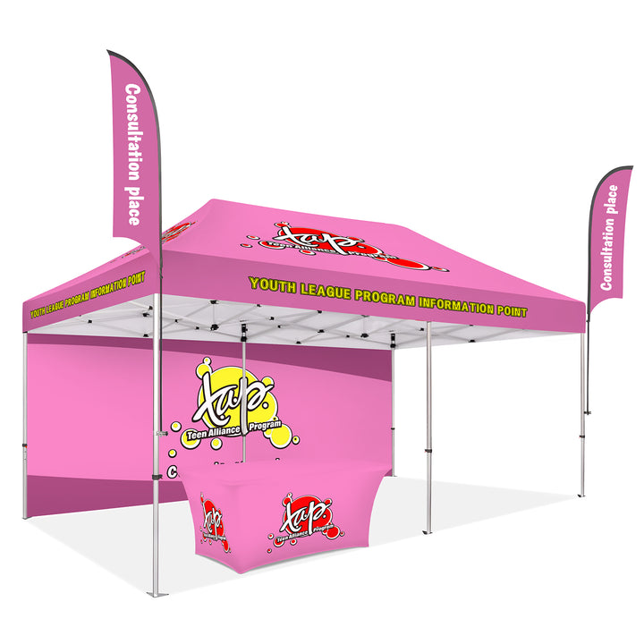 Custom Printed Canopy Tent with Back Wall, Feather Flags & Table Cover