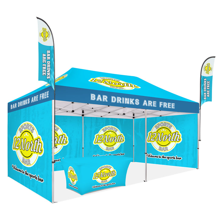 Custom Canopy Tent with Three Back Walls, Feather Flags & Table Cover