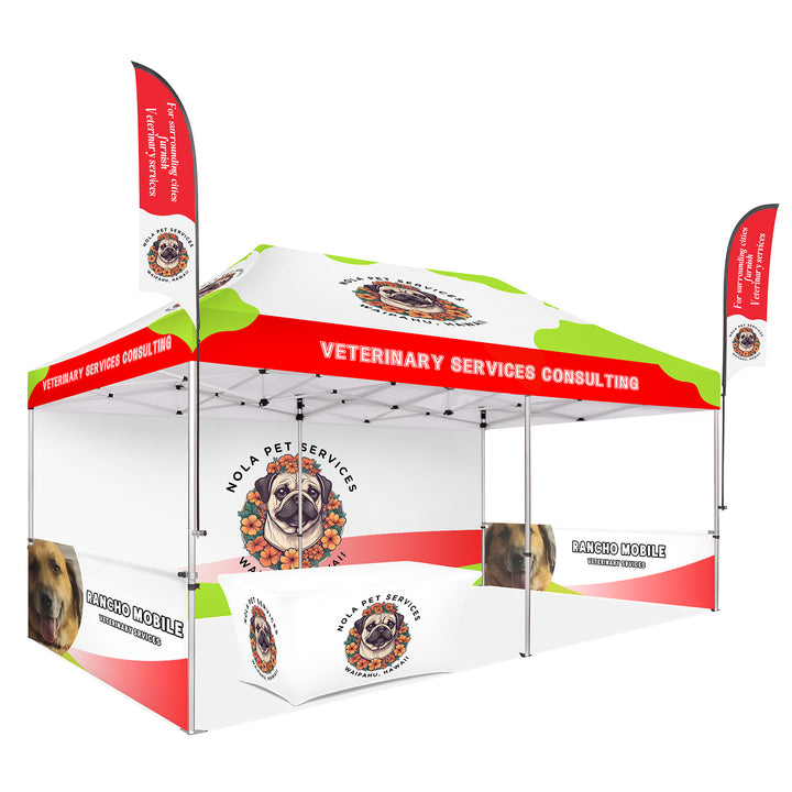 Custom Canopy Tent with Full Back, Half Side Walls, Feather Flags & Table Cover